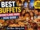 Family enjoying huge Disneyland Paris buffet meal with desserts, pizza, roast dinner and themed restaurant atmosphere during a magical family holiday
