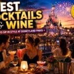 Couple enjoying cocktails and wine at a romantic Disneyland Paris-inspired rooftop terrace with glowing castle, fireworks and evening lights