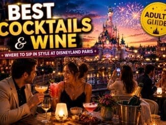 Couple enjoying cocktails and wine at a romantic Disneyland Paris-inspired rooftop terrace with glowing castle, fireworks and evening lights