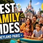 Best family rides at Disneyland Paris with happy parents, children and grandparents enjoying a magical theme park ride together