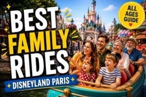 Best family rides at Disneyland Paris with happy parents, children and grandparents enjoying a magical theme park ride together