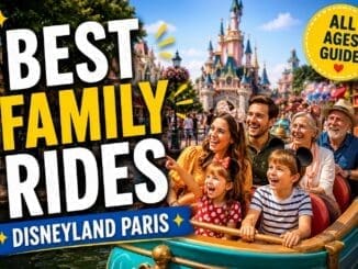 Best family rides at Disneyland Paris with happy parents, children and grandparents enjoying a magical theme park ride together