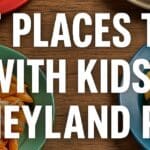 Kid-friendly meals including burgers, churros, pasta, and Mickey waffle served on colourful plates at Disneyland Paris