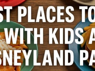 Kid-friendly meals including burgers, churros, pasta, and Mickey waffle served on colourful plates at Disneyland Paris