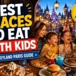 Family enjoying burgers, pizza, waffles and desserts at a magical themed restaurant in Disneyland Paris with colourful kid-friendly meals and fun family atmosphere