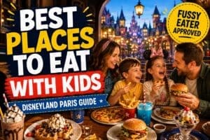 Family enjoying burgers, pizza, waffles and desserts at a magical themed restaurant in Disneyland Paris with colourful kid-friendly meals and fun family atmosphere