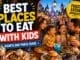 Family enjoying burgers, pizza, waffles and desserts at a magical themed restaurant in Disneyland Paris with colourful kid-friendly meals and fun family atmosphere