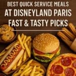 Selection of quick service meals including burger, hot dog, fries, pizza, churros, and cookies at Disneyland Paris