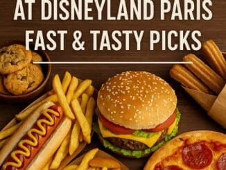 Selection of quick service meals including burger, hot dog, fries, pizza, churros, and cookies at Disneyland Paris