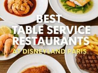 Selection of Disneyland Paris table service meals including steak, fish, shrimp, and chocolate dessert on white plates with rustic wooden background