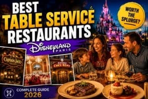 Disneyland Paris table service restaurants feature image showing family enjoying premium themed dining with steak, desserts and magical restaurant atmosphere near the Disneyland castle