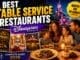 Disneyland Paris table service restaurants feature image showing family enjoying premium themed dining with steak, desserts and magical restaurant atmosphere near the Disneyland castle