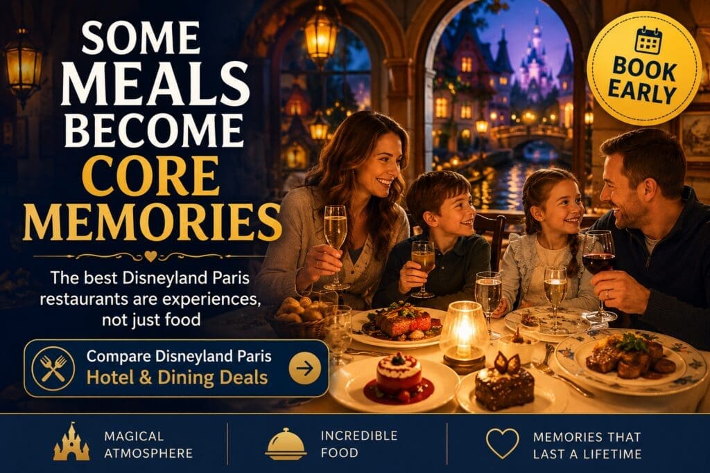 Elegant Disneyland Paris dining infographic showing family enjoying magical themed restaurant meal with desserts, steak, candlelight and premium atmosphere at Disneyland Paris