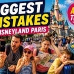 Family making classic Disneyland Paris mistakes during busy summer day with dead phone, map confusion, queues and tired kids near fantasy castle