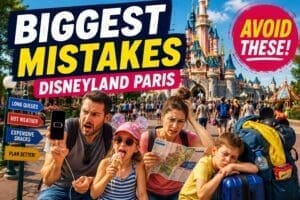 Family making classic Disneyland Paris mistakes during busy summer day with dead phone, map confusion, queues and tired kids near fantasy castle