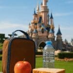 Packed lunch with apple, sandwich, and water bottle on a bench in front of Sleeping Beauty Castle at Disneyland Paris