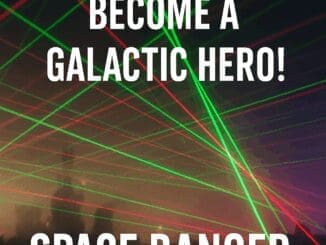 Real-life laser beams with bold text “Become a Galactic Hero! Space Ranger Challenge” promoting Buzz Lightyear Laser Blast tips and high score guide at Disneyland Paris.
