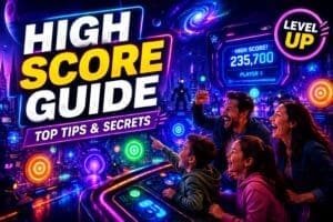 Futuristic arcade-style high score guide inspired by Buzz Lightyear Laser Blast at Disneyland Paris with family competing in neon sci-fi game