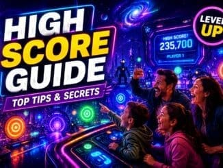 Futuristic arcade-style high score guide inspired by Buzz Lightyear Laser Blast at Disneyland Paris with family competing in neon sci-fi game