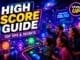 Futuristic arcade-style high score guide inspired by Buzz Lightyear Laser Blast at Disneyland Paris with family competing in neon sci-fi game