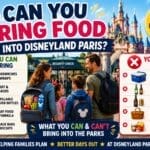 Disneyland Paris food rules infographic showing which foods and drinks guests can bring into the parks and which items are not allowed.
