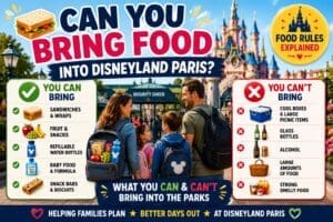 Disneyland Paris food rules infographic showing which foods and drinks guests can bring into the parks and which items are not allowed.