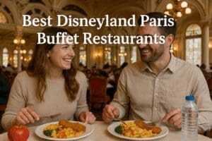 A smiling couple enjoying a buffet meal in an elegant, Victorian-style Disneyland Paris restaurant, with the text “Best Disneyland Paris Buffet Restaurants” displayed