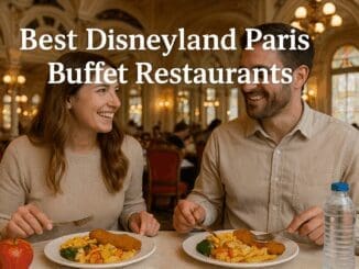A smiling couple enjoying a buffet meal in an elegant, Victorian-style Disneyland Paris restaurant, with the text “Best Disneyland Paris Buffet Restaurants” displayed