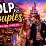 Romantic couple enjoying a magical evening at Disneyland Paris with castle lights, fairy lights, fireworks and romantic date night atmosphere for couples guide