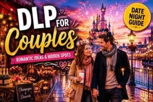 Romantic couple enjoying a magical evening at Disneyland Paris with castle lights, fairy lights, fireworks and romantic date night atmosphere for couples guide