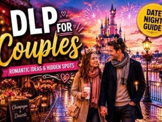 Romantic couple enjoying a magical evening at Disneyland Paris with castle lights, fairy lights, fireworks and romantic date night atmosphere for couples guide