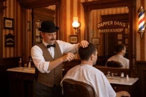 Vintage barbershop interior at Dapper Dan’s on Main Street, Disneyland Paris, with classic barber giving a haircut in early 1900s American style.