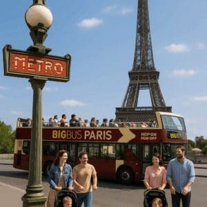 Paris day trip scene with the Eiffel Tower, red hop-on-hop-off bus, classic Metro sign, and two families with pushchairs.