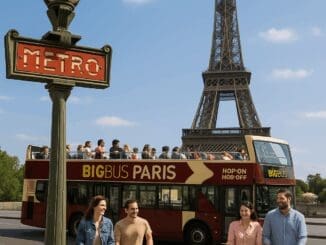 Paris day trip scene with the Eiffel Tower, red hop-on-hop-off bus, classic Metro sign, and two families with pushchairs.