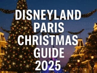 Giant Christmas tree and Sleeping Beauty Castle on Main Street, U.S.A. at Disneyland Paris, sparkling with festive lights and snow, with the text “Disneyland Paris Christmas Guide 2025” overlay