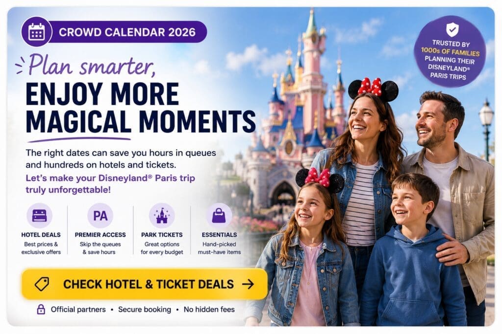 Family planning a Disneyland Paris 2026 trip using crowd calendar with castle background, hotel deals and queue-saving tips