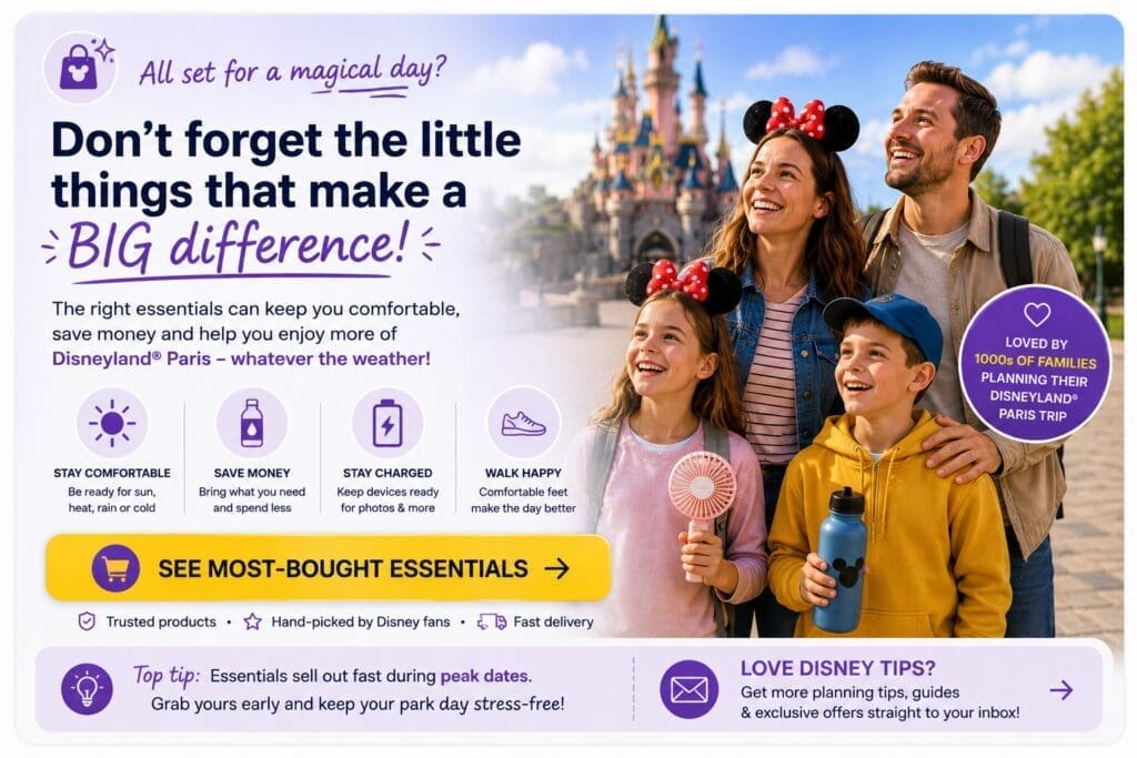 Disneyland Paris park essentials banner showing family with water bottle, fan and theme park travel accessories