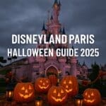 Glowing pumpkins in front of Sleeping Beauty Castle at Disneyland Paris at twilight with “Disneyland Paris Halloween Guide 2025” text overlay
