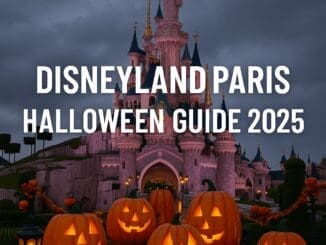 Glowing pumpkins in front of Sleeping Beauty Castle at Disneyland Paris at twilight with “Disneyland Paris Halloween Guide 2025” text overlay