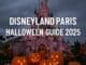 Glowing pumpkins in front of Sleeping Beauty Castle at Disneyland Paris at twilight with “Disneyland Paris Halloween Guide 2025” text overlay