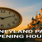 Large clock showing 9:30 in front of a fairytale castle at Disneyland Paris at sunset, with text reading “Disneyland Paris Opening Hours”.
