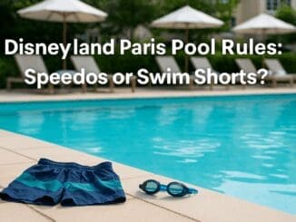A friendly hotel poolside scene at Disneyland Paris, with swim shorts and goggles on the deck, lounge chairs and umbrellas in the background, and overlaid text asking, “Disneyland Paris Pool Rules: Speedos or Swim Shorts?”