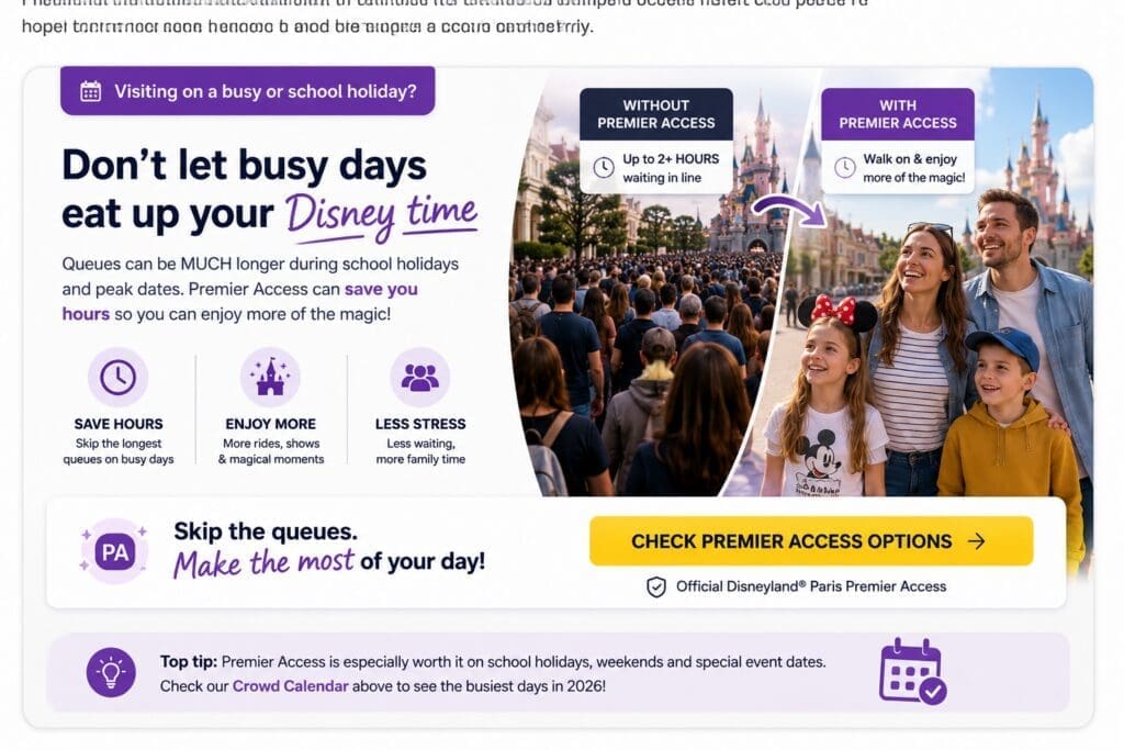 Disneyland Paris Premier Access banner showing busy queues versus relaxed family during peak crowd dates