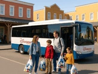 A real family with children carrying Disney shopping bags, boarding a Disneyland Paris free shuttle bus outside a Western-themed Disney hotel inspired by Hotel Cheyenne, with the hotel in the background on a sunny day.