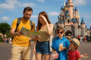 A real family of four at Disneyland Paris in summer, looking confused with a park map, a child in a rain poncho and sunglasses, and spilled popcorn near Sleeping Beauty Castle, showing classic theme park mistakes.
