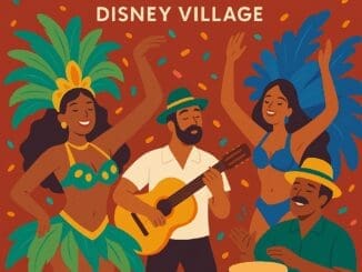 Vibrant illustration of samba dancers and musicians celebrating Fiesta Latina at Disney Village, Disneyland Paris, for the 2025 summer event.
