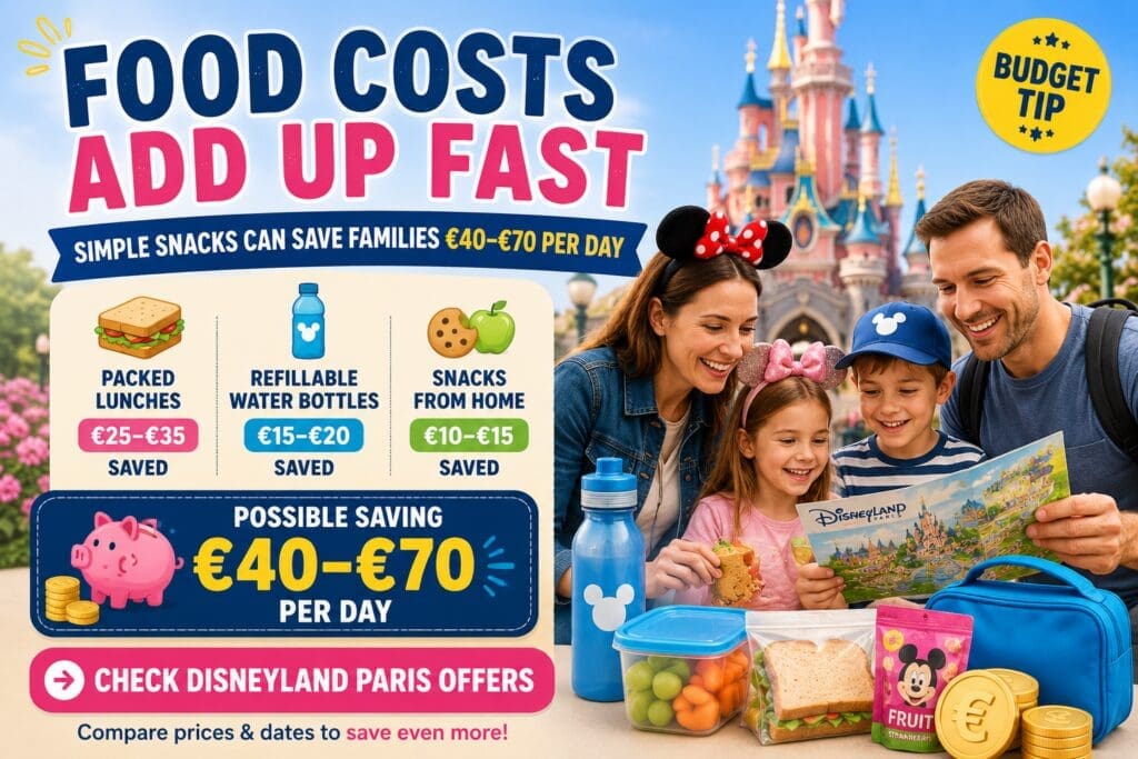 Disneyland Paris budget infographic showing how families can save β¬40ββ¬70 per day by bringing packed lunches, refillable water bottles and snacks from home, with a family planning their holiday in front of a fantasy castle.