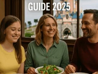 Family enjoying gluten-free meal at Disneyland Paris restaurant with Sleeping Beauty Castle in background and “Gluten-Free Disneyland Paris Guide 2025” text