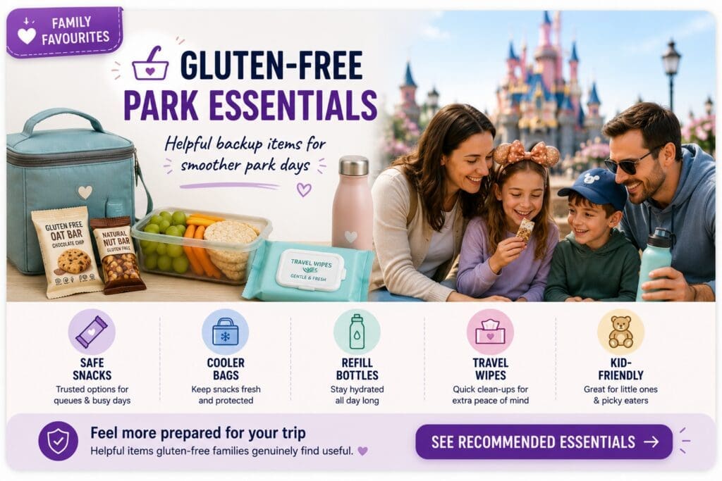 Gluten-free Disneyland Paris essentials graphic showing safe snacks, cooler bag, refill bottle and family enjoying a stress-free park day