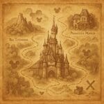 Illustrated image of Hidden Mickeys hidden around Disneyland Paris landmarks with a fun treasure map style